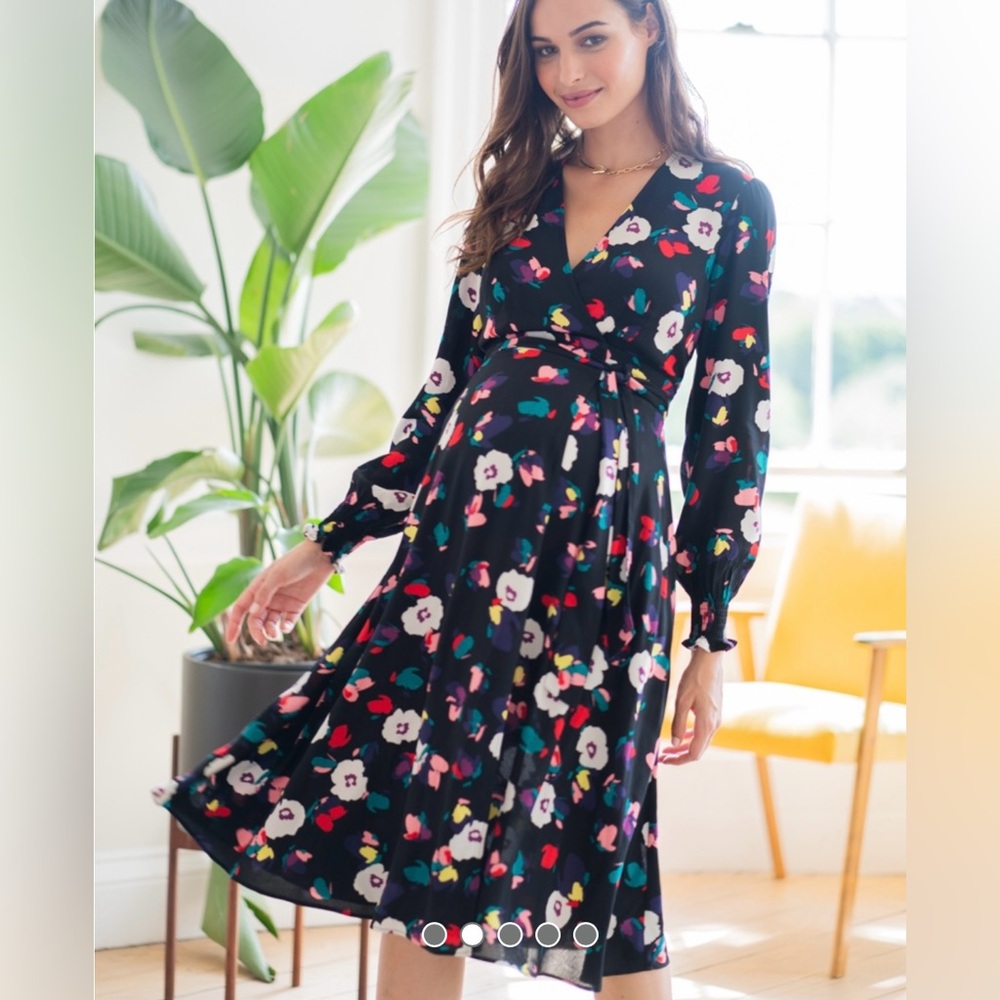 Seraphine Daryl Maternity Wrap Dress Women’s 8 Black Floral Midi Long Sleeve